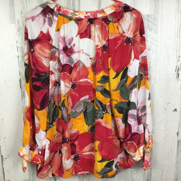 Fig & Flower Red Orange Floral Blouse Tie balloon Sleeves Boho pretty rayon L. - Picture 3 of 11